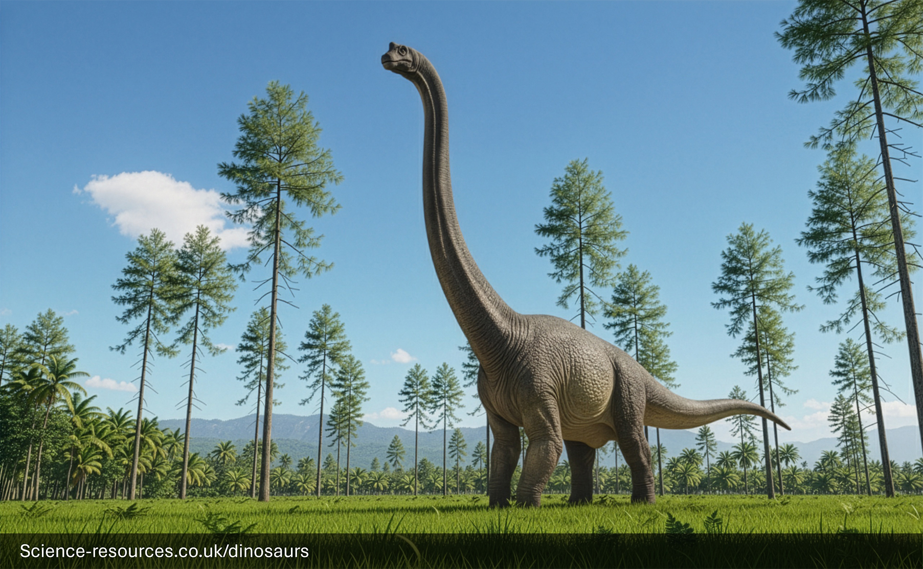 A realistic rendering of a Jurassic park / Jurassic World Brachiosaurus in a Prehistoric clearing.